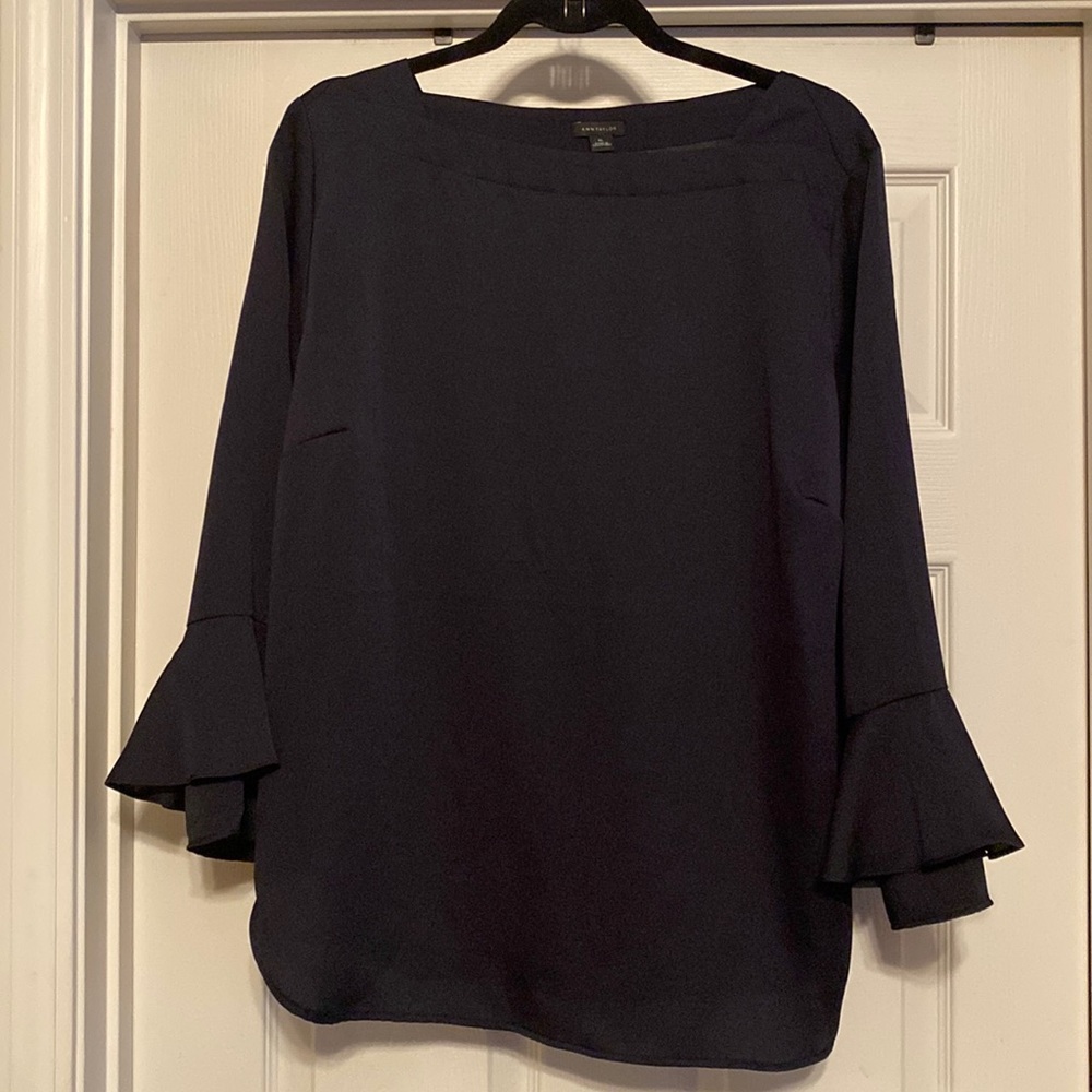 NWT Navy Ann Taylor Blouse with 3/4 Flutter Sleeves